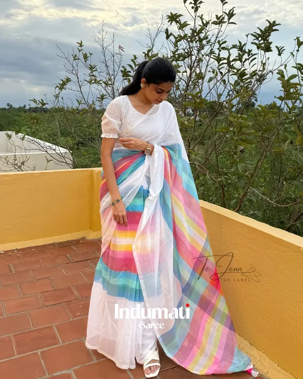 Megh_Dhanush_-_White_Linen_Saree_with_Rainbow_Stripes_&_Blouse_Piece