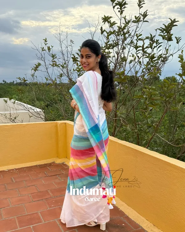 Megh_Dhanush_-_White_Linen_Saree_with_Rainbow_Stripes_&_Blouse_Piece