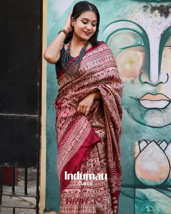 Maroon_Color_Ajrakh_Printed_Model_Silk_Saree_with_Blouse_Piece