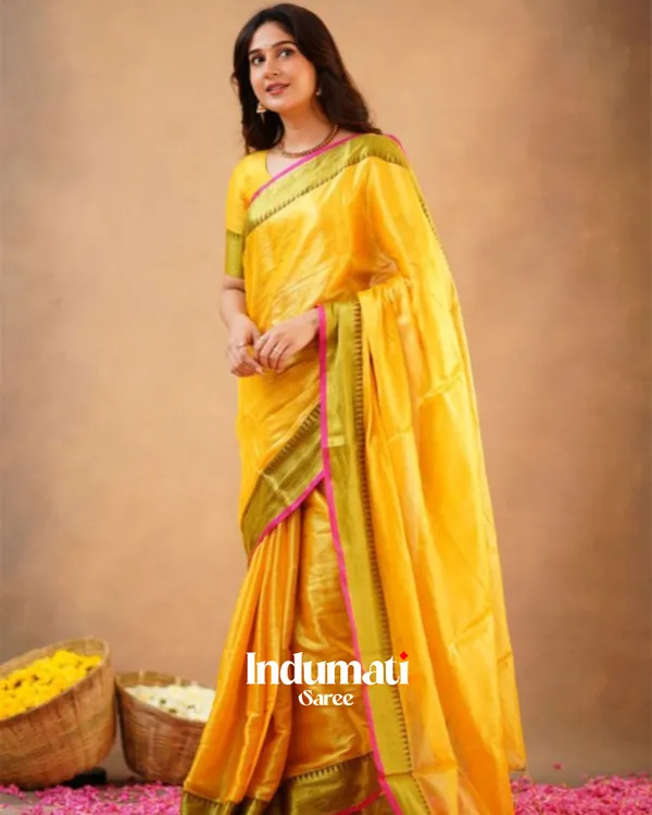 Yellow_Tissue_Cotton_Saree_with_Olive_Border_&_Pink_Piping,_With_Blouse_Piece