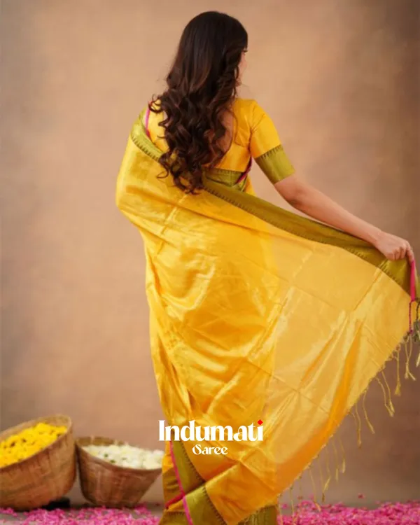 Yellow_Tissue_Cotton_Saree_with_Olive_Border_&_Pink_Piping,_With_Blouse_Piece
