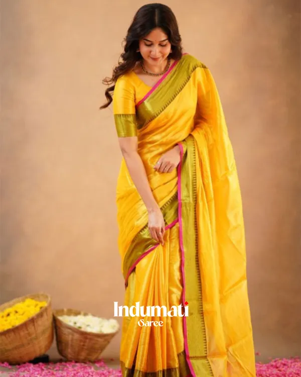 Yellow_Tissue_Cotton_Saree_with_Olive_Border_&_Pink_Piping,_With_Blouse_Piece