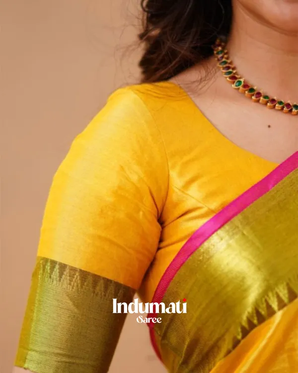 Yellow_Tissue_Cotton_Saree_with_Olive_Border_&_Pink_Piping,_With_Blouse_Piece