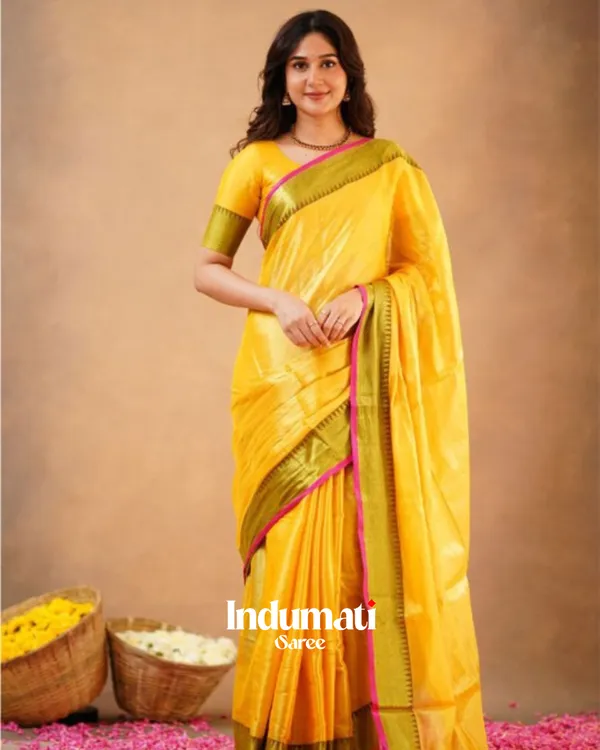 Yellow_Tissue_Cotton_Saree_with_Olive_Border_&_Pink_Piping,_With_Blouse_Piece
