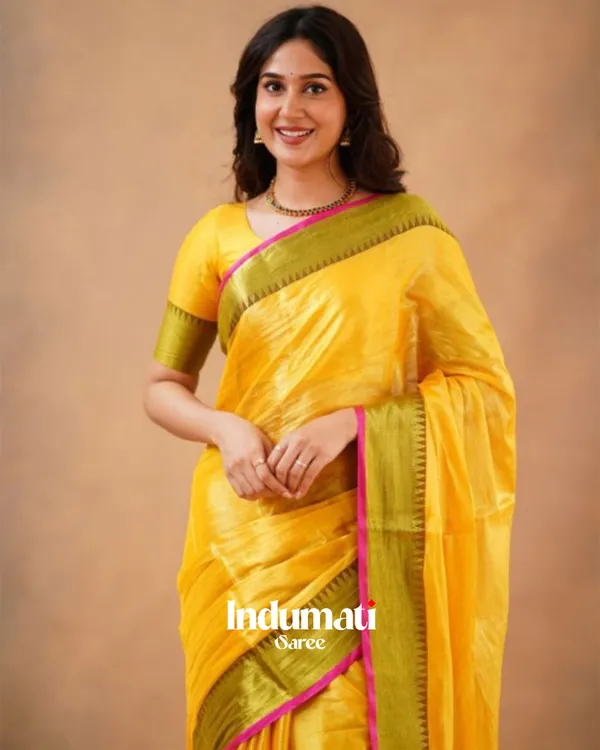 Yellow_Tissue_Cotton_Saree_with_Olive_Border_&_Pink_Piping,_With_Blouse_Piece