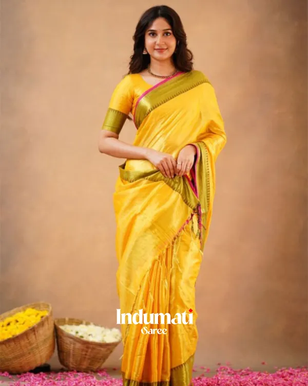 Yellow_Tissue_Cotton_Saree_with_Olive_Border_&_Pink_Piping,_With_Blouse_Piece
