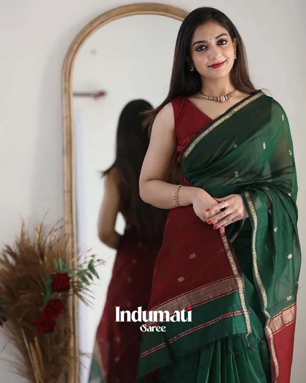 Green_Color_Premium_Cotton_Silk_Saree_With_Classy_Red_Blouse_and_tassels
