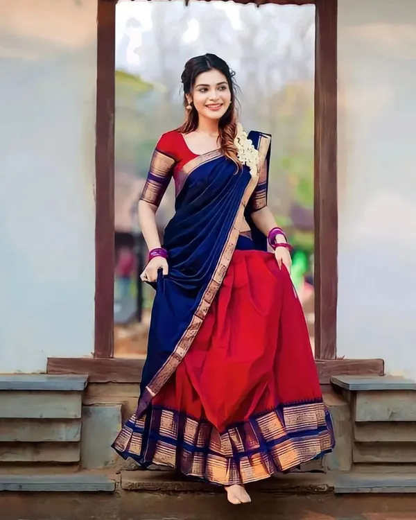 Blue_And_Red_Color_Kanchipuram_Zari_Weaving_Half_Saree_With_Blouse__Silk_Dupatta