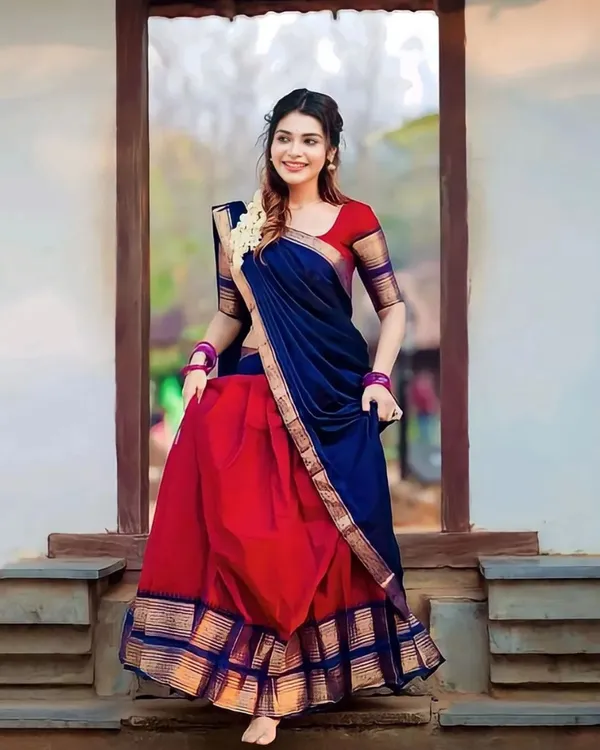 Blue_And_Red_Color_Kanchipuram_Zari_Weaving_Half_Saree_With_Blouse__Silk_Dupatta