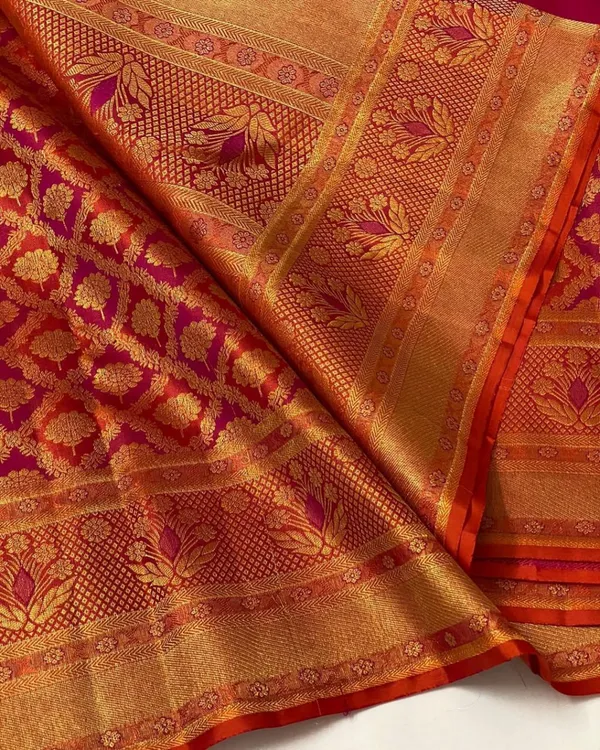 Orange_Color_Hot_Right_Now_Soft_Banarasi_Silk_Saree_with_Pure_Golden_Zari_Work_&_Classy_Bloue_Piece