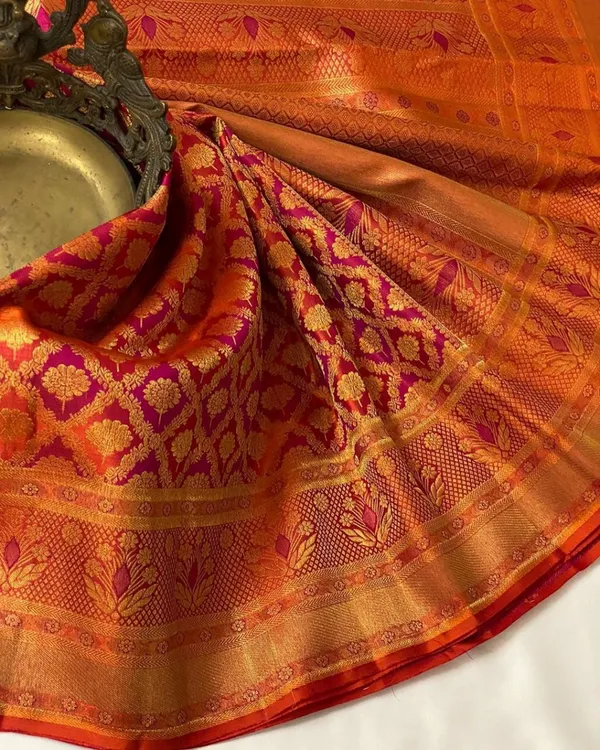 Orange_Color_Hot_Right_Now_Soft_Banarasi_Silk_Saree_with_Pure_Golden_Zari_Work_&_Classy_Bloue_Piece