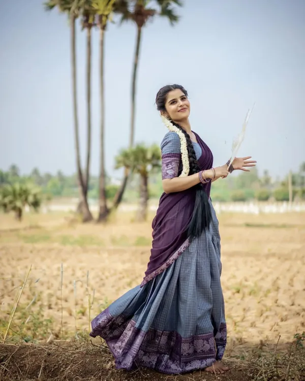 Purple_And_Grey__Color_Kanchipuram_Zari_Weaving_Half_Saree_With_Blouse__Silk_Dupatta