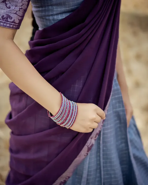 Purple_And_Grey__Color_Kanchipuram_Zari_Weaving_Half_Saree_With_Blouse__Silk_Dupatta