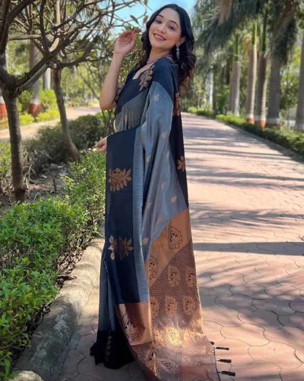 Grey_And_Black_Color_Recent_Drop_Soft_Banarasi_Silk_Saree_with_Classy_Bloue_Piece