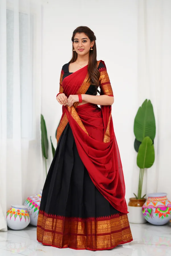 Red_And_Black_Color_Color_Kanchipuram_Zari_Weaving_Half_Saree_With_Blouse__Silk_Dupatta