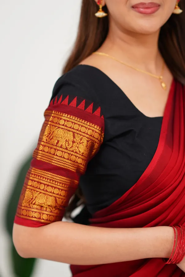 Red_And_Black_Color_Color_Kanchipuram_Zari_Weaving_Half_Saree_With_Blouse__Silk_Dupatta