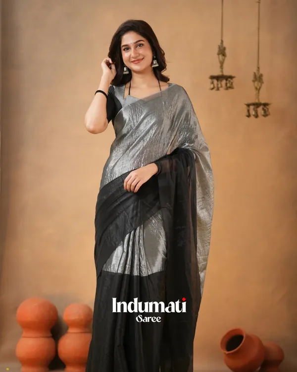 Black_&_Silver_Tissue_Cotton_Saree_with_Blouse_Piece