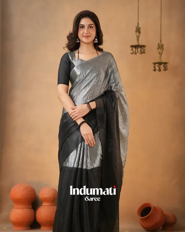 Black_&_Silver_Tissue_Cotton_Saree_with_Blouse_Piece