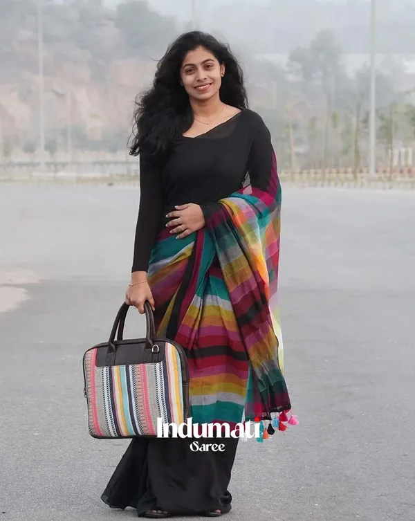 Rainbow_Eclipse_-_Black_Linen_Saree_with_Multicolor_Accent_and_Black_Blouse