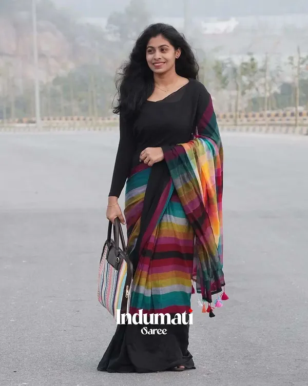 Rainbow_Eclipse_-_Black_Linen_Saree_with_Multicolor_Accent_and_Black_Blouse