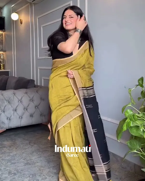 Sunehri_-_Lemon_Yellow_Linen_Saree_with_Contrast_Black_Blouse