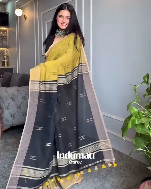 Sunehri_-_Lemon_Yellow_Linen_Saree_with_Contrast_Black_Blouse