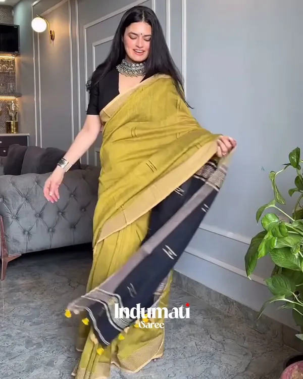 Sunehri_-_Lemon_Yellow_Linen_Saree_with_Contrast_Black_Blouse