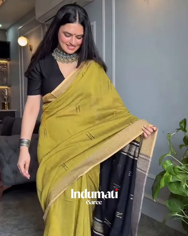 Sunehri_-_Lemon_Yellow_Linen_Saree_with_Contrast_Black_Blouse