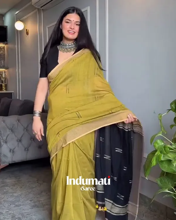 Sunehri_-_Lemon_Yellow_Linen_Saree_with_Contrast_Black_Blouse