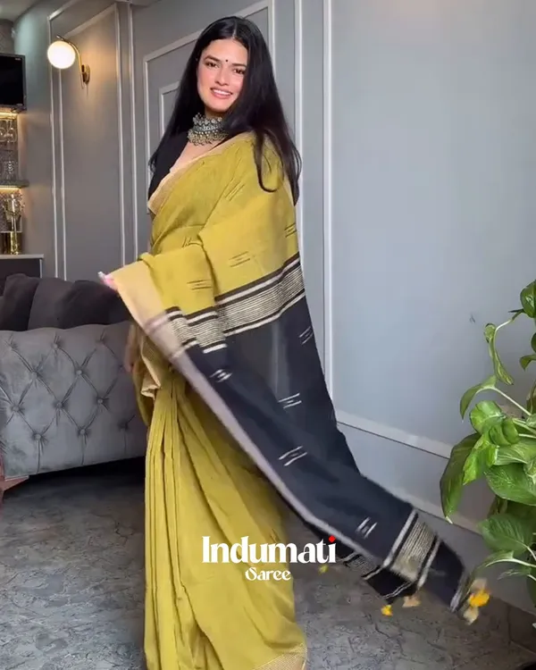 Sunehri_-_Lemon_Yellow_Linen_Saree_with_Contrast_Black_Blouse