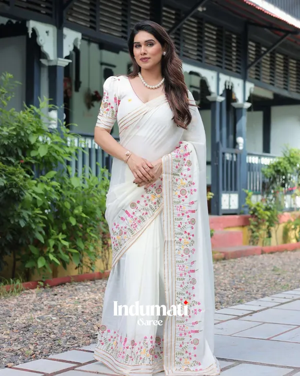 White_Soft_Mulmul_Cotton_Saree_with_Beautiful_Multicolor_Thread_Embroidery,_with_Blouse_Piece