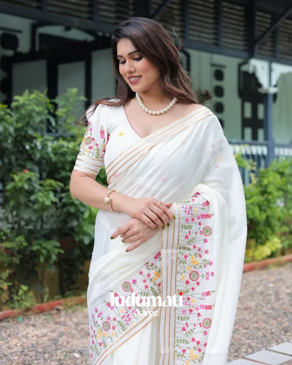 White_Soft_Mulmul_Cotton_Saree_with_Beautiful_Multicolor_Thread_Embroidery,_with_Blouse_Piece