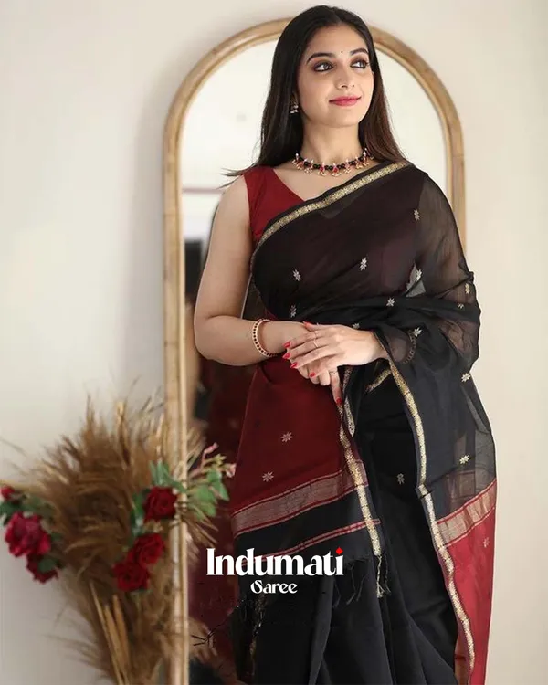 Black_Color_Premium_Cotton_Silk_Saree_With_Classy_Blouse_and_tassels