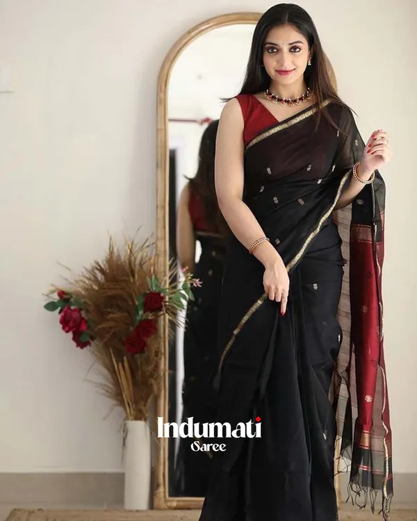 Black_Color_Premium_Cotton_Silk_Saree_With_Classy_Blouse_and_tassels