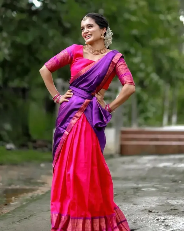 Purple_And_Pink_Color_Kanchipuram_Zari_Weaving_Half_Saree_With_Blouse__Silk_Dupatta