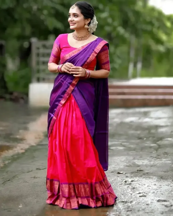 Purple_And_Pink_Color_Kanchipuram_Zari_Weaving_Half_Saree_With_Blouse__Silk_Dupatta