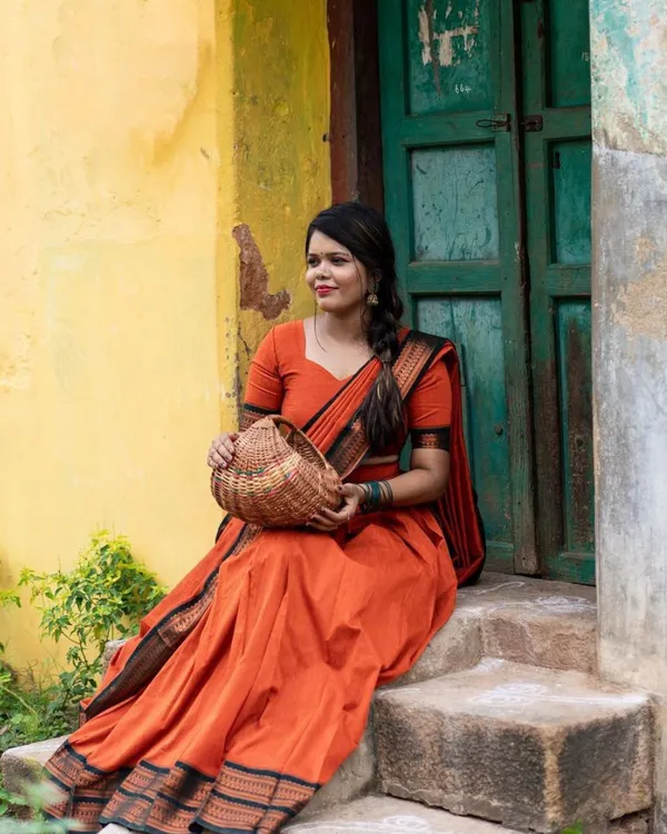Orange__Color_Kanchipuram_Zari_Weaving_Half_Saree_With_Blouse__Silk_Dupatta
