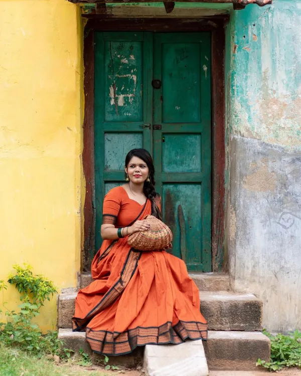 Orange__Color_Kanchipuram_Zari_Weaving_Half_Saree_With_Blouse__Silk_Dupatta