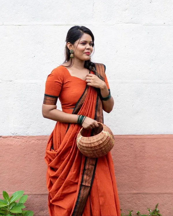 Orange__Color_Kanchipuram_Zari_Weaving_Half_Saree_With_Blouse__Silk_Dupatta