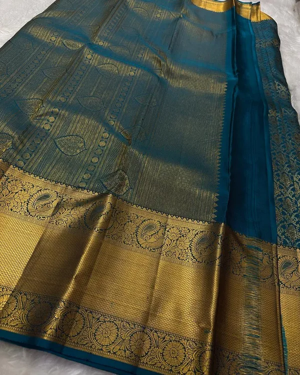 Bottle_Blue_Color_Now_Available_Soft_Banarasi_Silk_Saree_with_Pure_Golden_Zari_Work_&_Classy_Bloue_Piece