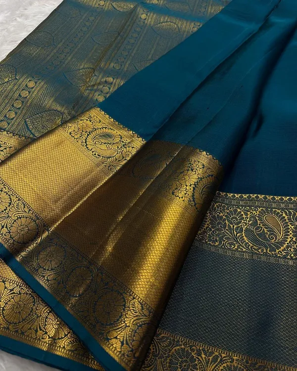 Bottle_Blue_Color_Now_Available_Soft_Banarasi_Silk_Saree_with_Pure_Golden_Zari_Work_&_Classy_Bloue_Piece