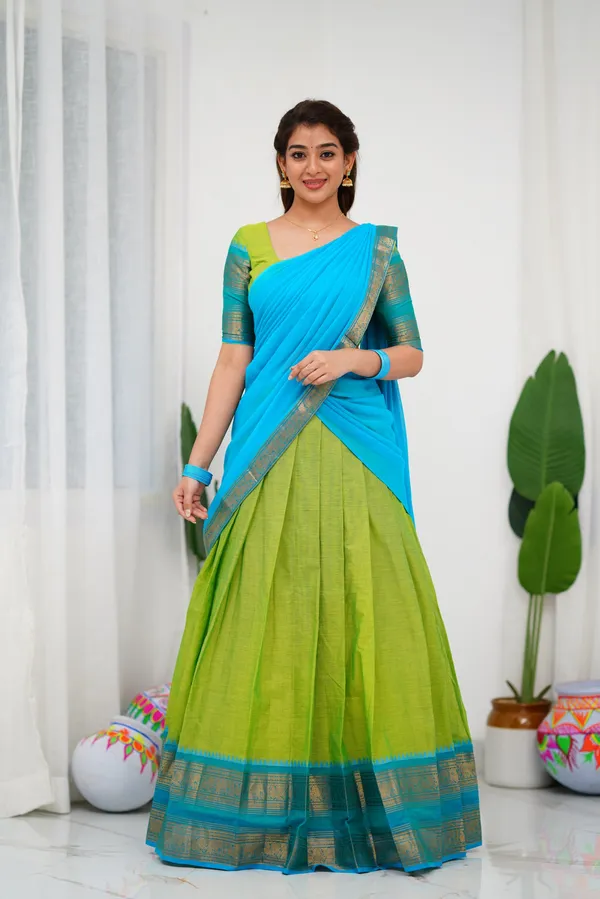 Light_Blue_And_Parrot_Green_Color_Kanchipuram_Zari_Weaving_Half_Saree_With_Blouse__Silk_Dupatta