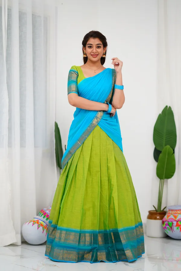 Light_Blue_And_Parrot_Green_Color_Kanchipuram_Zari_Weaving_Half_Saree_With_Blouse__Silk_Dupatta