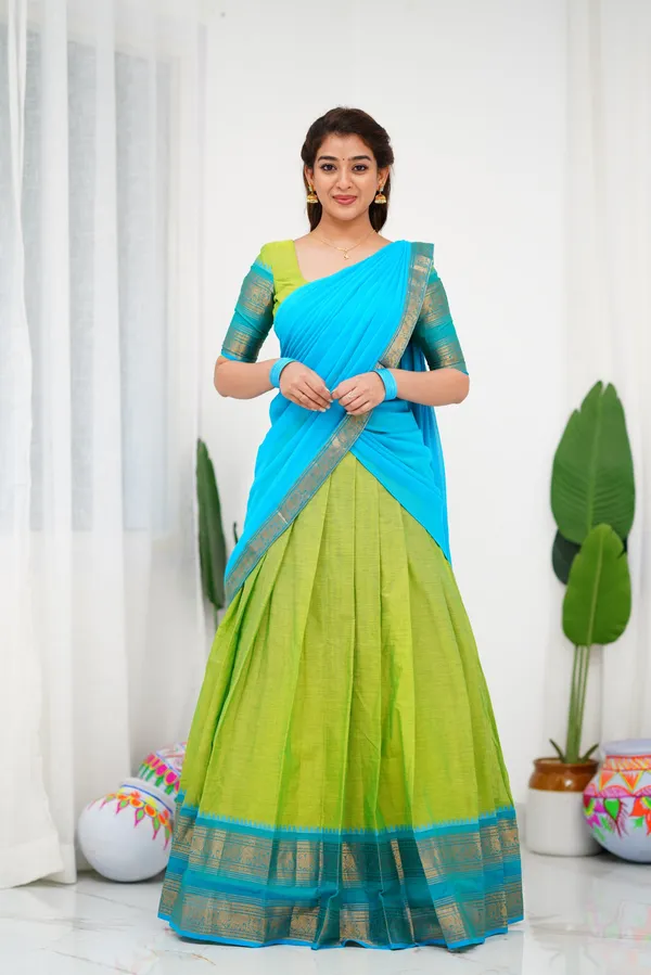 Light_Blue_And_Parrot_Green_Color_Kanchipuram_Zari_Weaving_Half_Saree_With_Blouse__Silk_Dupatta