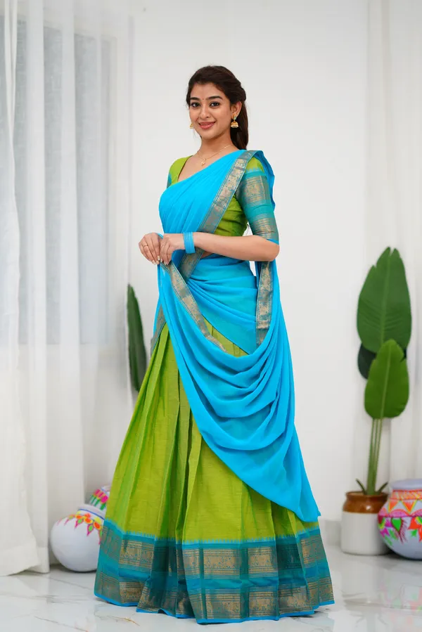 Light_Blue_And_Parrot_Green_Color_Kanchipuram_Zari_Weaving_Half_Saree_With_Blouse__Silk_Dupatta