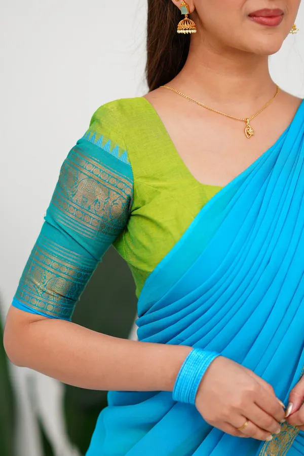 Light_Blue_And_Parrot_Green_Color_Kanchipuram_Zari_Weaving_Half_Saree_With_Blouse__Silk_Dupatta