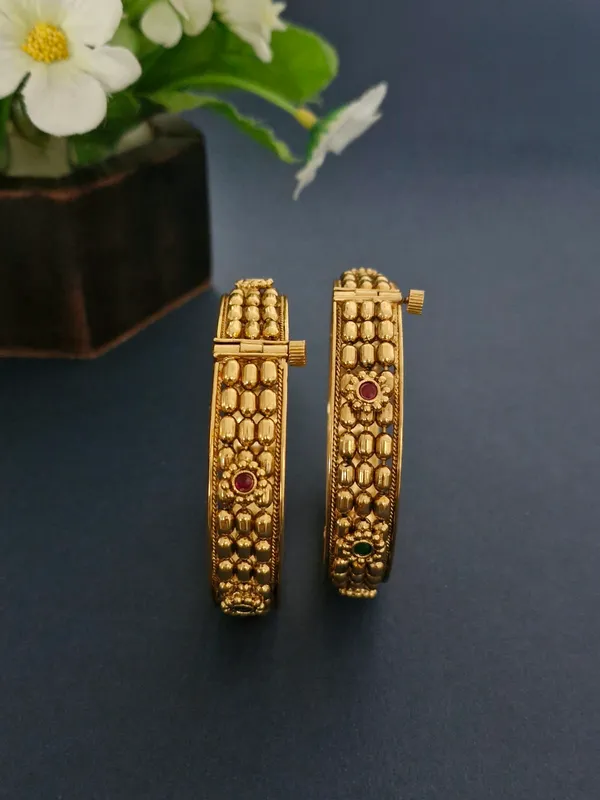 18K_Gold_Plated_Antique_Beaded_Capsule_&_Floral_Openable_Kada_-_1_Pair_(Set_of_2_for_Both_Hands)