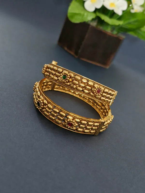 18K_Gold_Plated_Antique_Beaded_Capsule_&_Floral_Openable_Kada_-_1_Pair_(Set_of_2_for_Both_Hands)