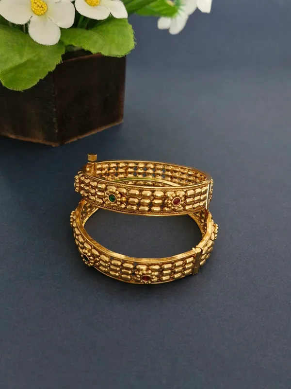 18K_Gold_Plated_Antique_Beaded_Capsule_&_Floral_Openable_Kada_-_1_Pair_(Set_of_2_for_Both_Hands)