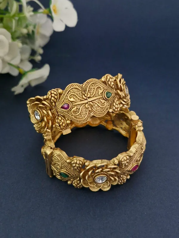 18K_Gold_Plated_Antique_Blooming_Rose_&_Paisley_Openable_Kada_-_1_Pair_(Set_of_2_for_Both_Hands)